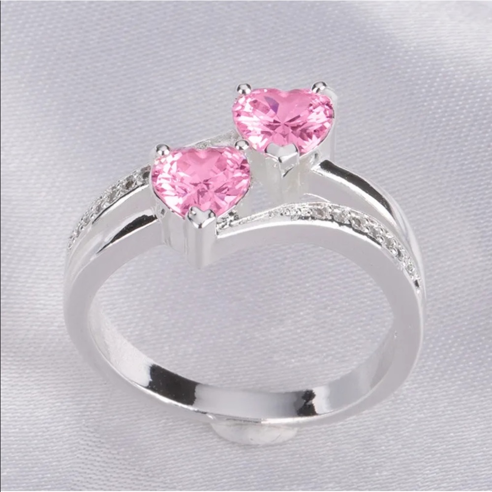New Two Hearts 925 Silver Beautiful Pink Sapphire Ring - Picture 3 of 5